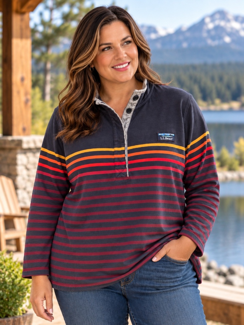 L.L.Bean 2X Striped Henley Pullover Top Soft Cotton Plus Size